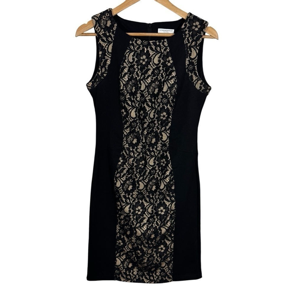 Katherine Barclay Lace Cocktail Dress Sz M Black Beige Fitted Sleeveless Party